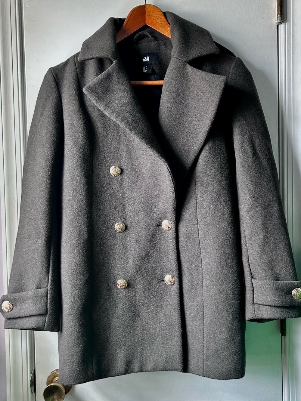 H&M Double Breasted Olive Green Wool Blend Pea Coat Women’s 4